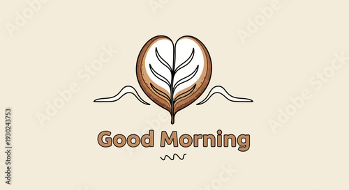 Good Morning Coffee Art Heart Shape with Leaves and Swirls on Beige Background