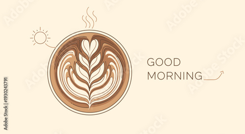 Good Morning Coffee Art with Sun and Steam