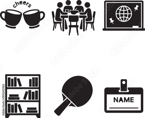 Hostel Community, Shared Social Space and Backpacker Lifestyle Silhouette Icon Set Vector Illustration