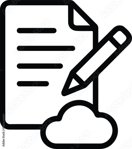 Document editing and cloud storage icon, simple line art graphic representing file modification and online data synchronization or backup concept