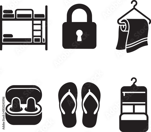 Hostel Living and Backpacker Accommodation Essentials Silhouette Icon Set Vector Illustration