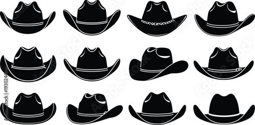Black cowboy hat silhouettes set featuring western headwear, sheriff caps, and country style headgear, isolated vector icons for ranch and rodeo designs,