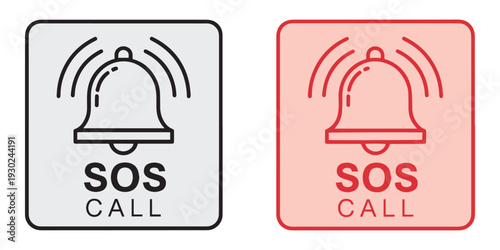 Sos call icons with bell and sound waves on square buttons
