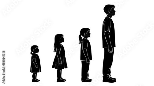 Family of four silhouetted figures standing together in a line facing right in a simple graphic illustration