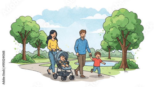 Family with stroller and child walking together in a serene park landscape viewed from a slight elevation