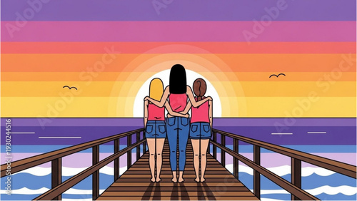 Three friends standing together on a wooden pier watching the vibrant sunset over the serene ocean