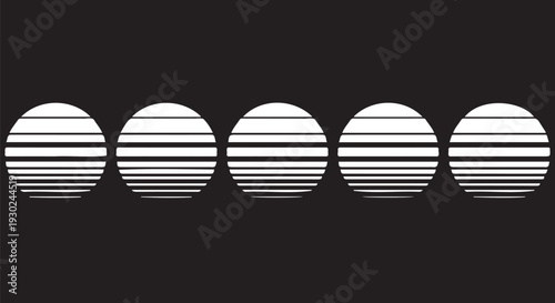 Modern black background with white spherical shapes lined up horizontally featuring horizontal lines creating a visually appealing pattern