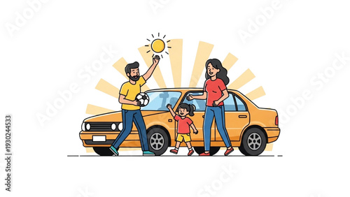Family of three standing beside car with man holding lightbulb
