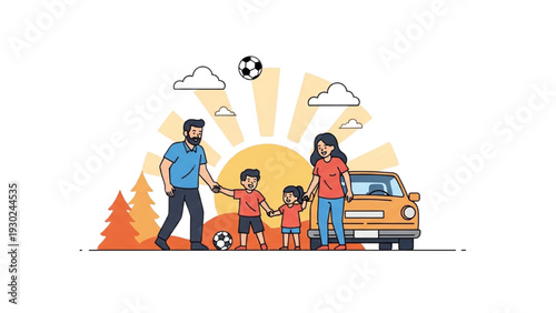 Family enjoying a sunny day outdoors with a vehicle and playing soccer together