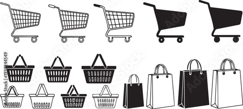 Collection of shopping baskets and carts available in varied designs and styles for retail and e-commerce applications