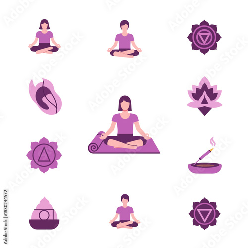 Collection of Yoga and Meditation Icons with Chakra Symbols.
