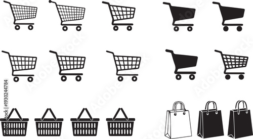 Collection of various shopping cart and bag icons in different styles and designs for commercial use in retail and e-commerce applications effectively conveying shopping and purchase ideas.