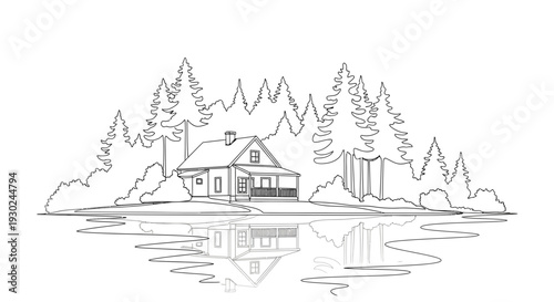 Cozy Cabin by Serene Lake Reflection, Forest Landscape Line Art