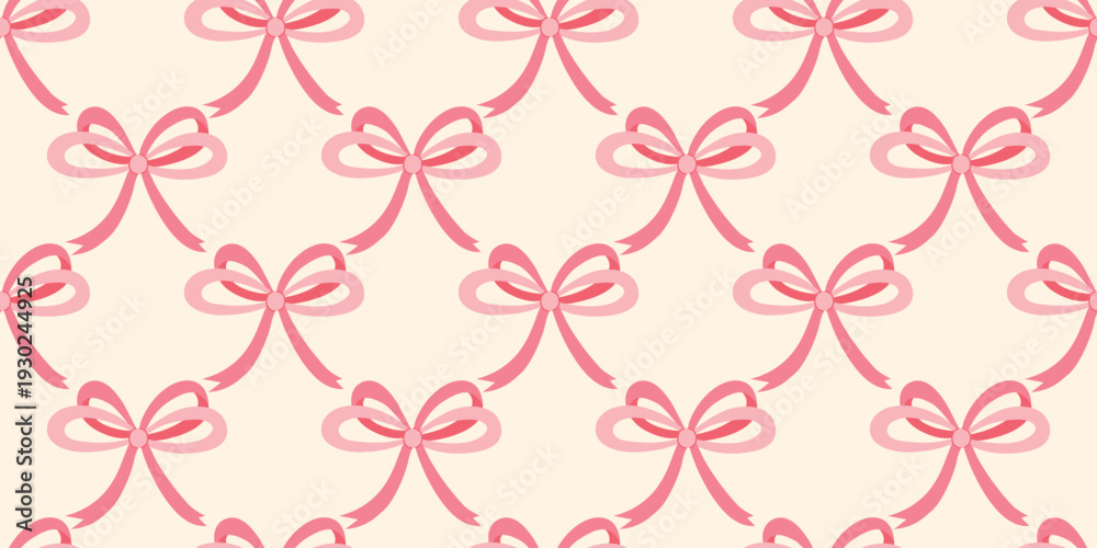 Obraz premium Seamless pattern of pink bows on beige background. Girly ribbon print for textiles, wallpaper, packaging and paper. Vector graphics