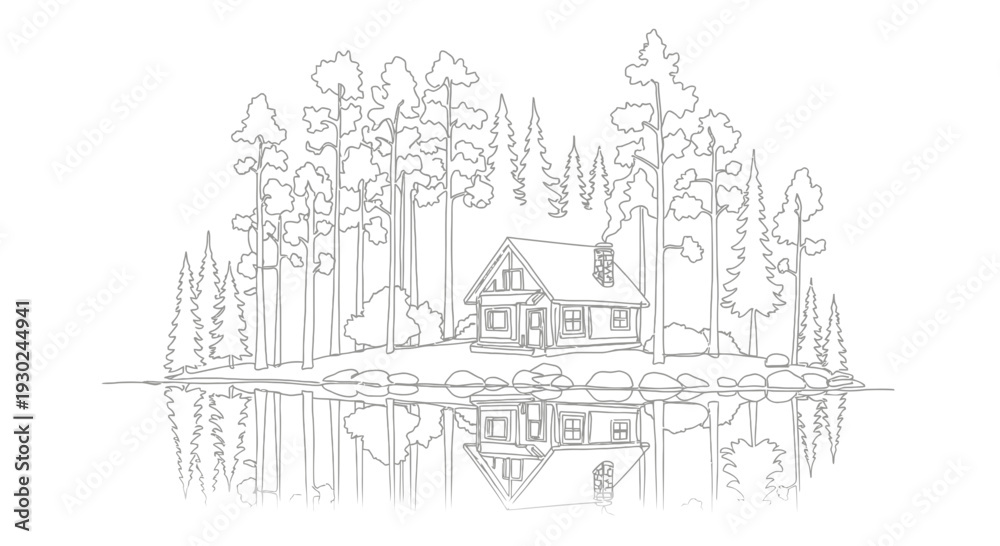 Obraz premium Cozy Cabin Reflection in Calm Lake Surrounded by Pine Forest, Black and White Outline
