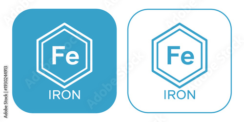 Iron element chemical symbol icons in blue and white