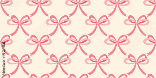 Seamless pattern of pink bows on beige background. Girly ribbon print for textiles, wallpaper, packaging and paper. Vector graphics