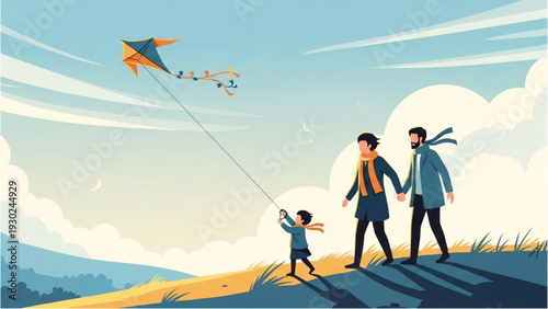 Family flying kite together on a sunny day outdoors with clear sky