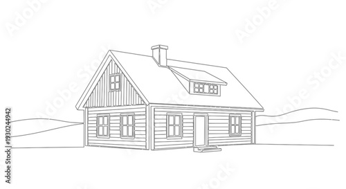 Cozy Log Cabin House with Chimney and Dormer Window, Rustic Architecture Drawing