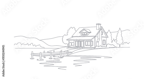 Cozy Lakeside Cabin with Dock - Hand-Drawn Sketch Style
