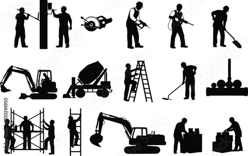 Large set of construction worker silhouettes and heavy machinery icons including excavators cement mixers and builders for industrial project design and architecture layout