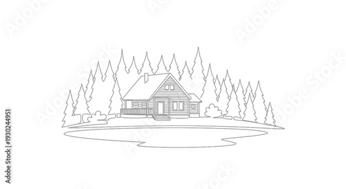 Cozy Log Cabin in Pine Forest by Serene Lake - Black and White Line Art
