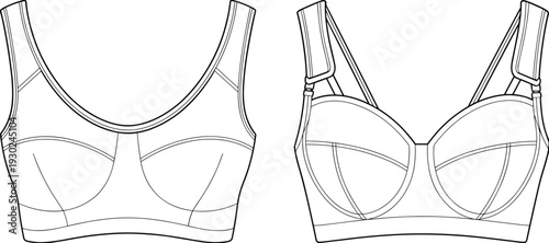 bra technical drawing, front and back view, seamless lingerie vector, women underwear fashion design template illustration