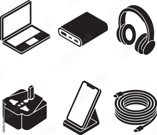 Isometric Technology Devices and Electronic Gadgets Silhouette Icon Set Vector Illustration