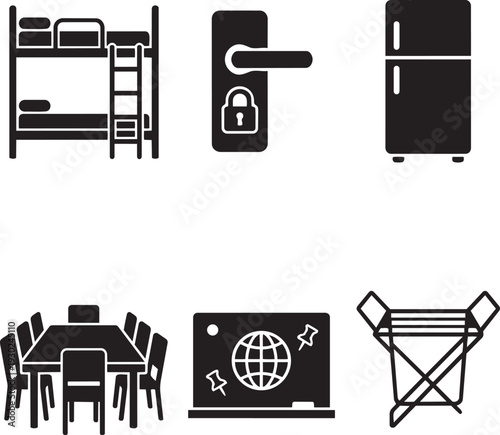 Hostel Shared Space and Communal Living Essentials Silhouette Icon Set Vector Illustration