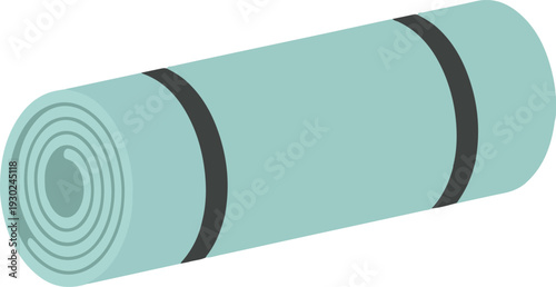 Rolled up light blue yoga mat with black straps on a white background Keywords: yoga mat, rolled, mat