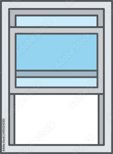 Simple of a double hung window with light blue glass panes and gray framing on a white background