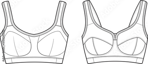 sports bra technical drawing, front and back view, vector lingerie illustration, athletic bra design template