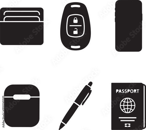 Minimalist Carry, Every Day Carry EDC and Travel Essentials Silhouette Icon Set Vector Illustration