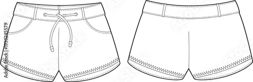 Athletic shorts mockup template, front and back blank sportswear apparel, minimal clothing illustration isolated casual summer design