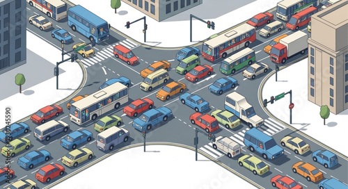 Busy City Street Traffic Jam.