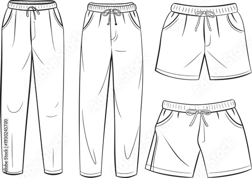 Sweatpants and shorts mockup set, blank jogger pants templates front views, casual sportswear apparel illustration isolated design