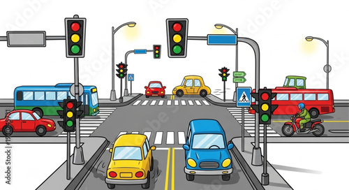 Busy City Street Traffic Scene.