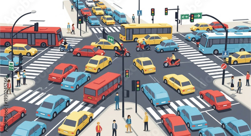 Busy City Street Traffic Scene.