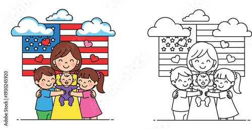 Happy Family with Baby Embracing in Front of American Flag - Diverse, Joyful, and United Celebration of Patriotism