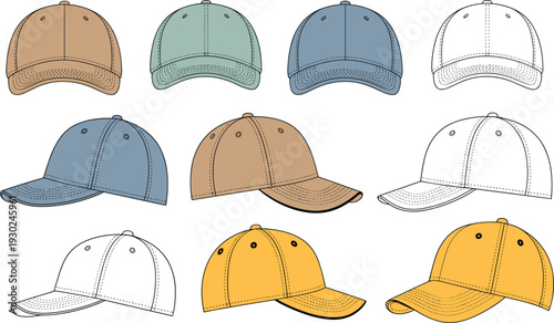 Colorful baseball cap mockup set, multiple angle snapback hat templates, front side views isolated apparel fashion illustration
