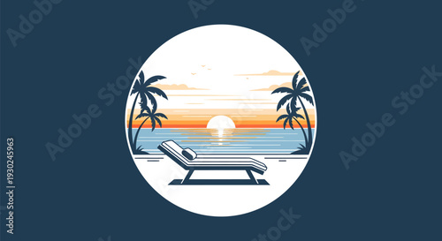 Tropical beach sunset with lounge chair and palm trees.