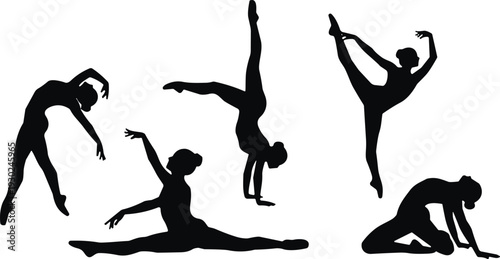 Ballet dancer silhouette set, graceful female performing dance poses isolated on white background collection
