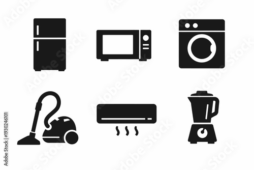 Set of six black household appliance icons: fridge, microwave, washer, vacuum, ac, blender