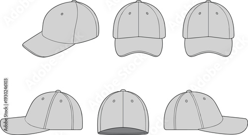 Blank baseball cap mockup collection, multiple angle hat templates, front side views isolated, minimal customizable headwear illustration design