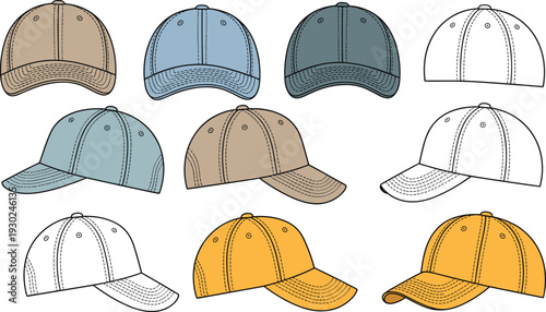 Colored baseball cap mockup collection, multiple angle snapback hat templates, front side back views isolated apparel illustration design
