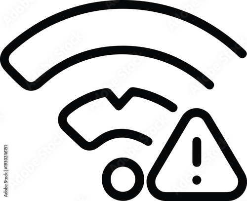 Black line icon representing a wifi signal with an error or warning sign, a