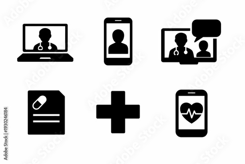 Medical icons set featuring telemedicine, prescription, and healthcare technology symbols