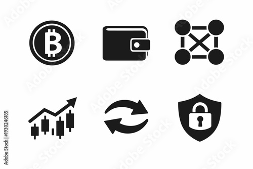 Cryptocurrency icons: bitcoin, wallet, blockchain, trading, transaction, security shield