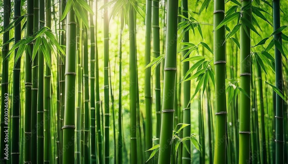 Fototapeta premium Bamboo Stalks Show Green Hues And Smooth Lines Illuminated By Sunlight Revealing Textures And Shadows In A Lush Environment