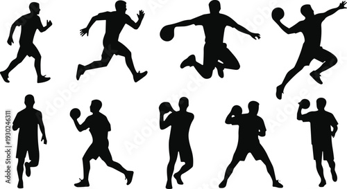 Basketball player silhouette set, men running jumping dribbling and shooting ball isolated on white background collection